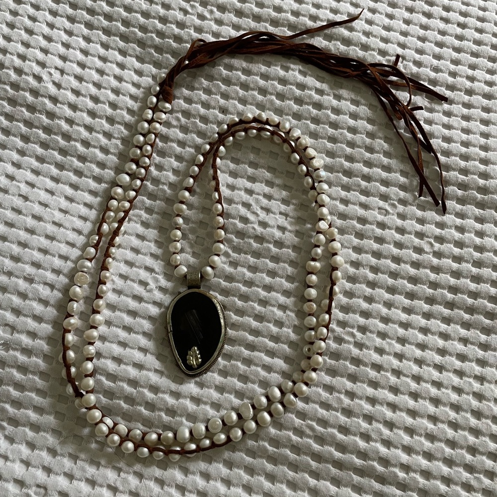 Authentic pearl, suede, silver, and agate necklace